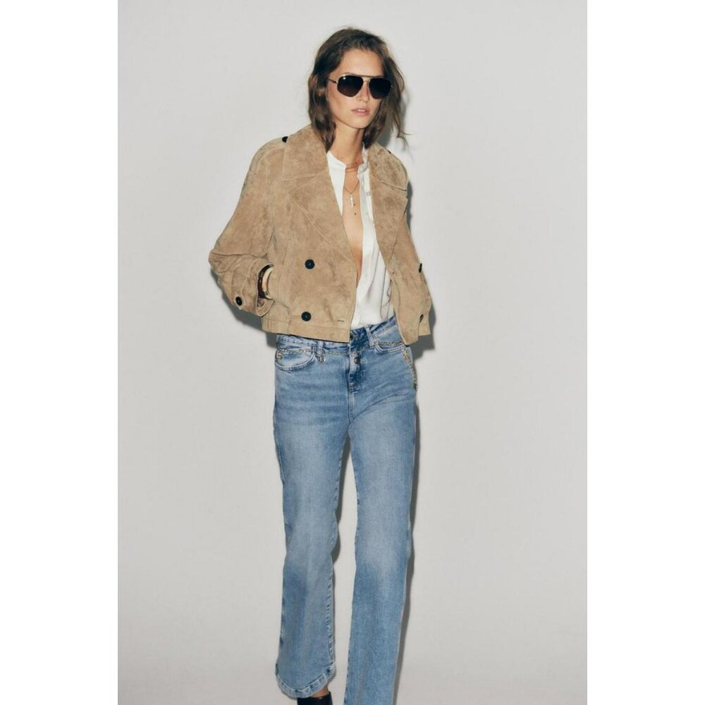 ZARA 100% LEATHER SHORT TRENCH COAT - Picture 2 of 13